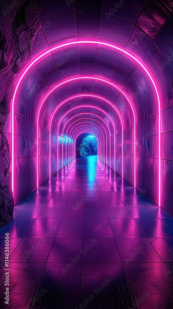 Bright pink neon lights illuminate a long tunnel with a reflective surface leading to a colorful archway at the end in an underground location Bright pink neon lights illuminate a long tunnel with a reflective surface leading to a colorful archway at the end in an underground location