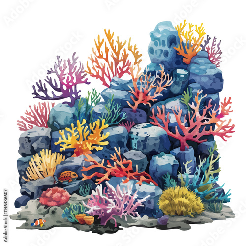 A watercolor painting of a coral reef teeming with marine life, isolated on a white background. Coral reef marine life vector.
