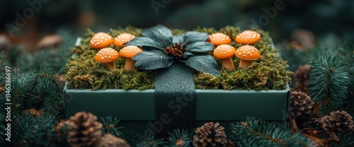 Gift box decorated with orange mushrooms, moss, pine cones, and a green ribbon, nestled in a pine forest.