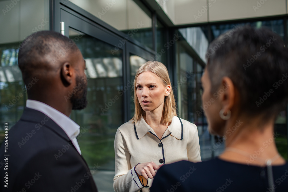Professional team discussing business strategy outside modern office Professional team discussing business strategy outside modern office