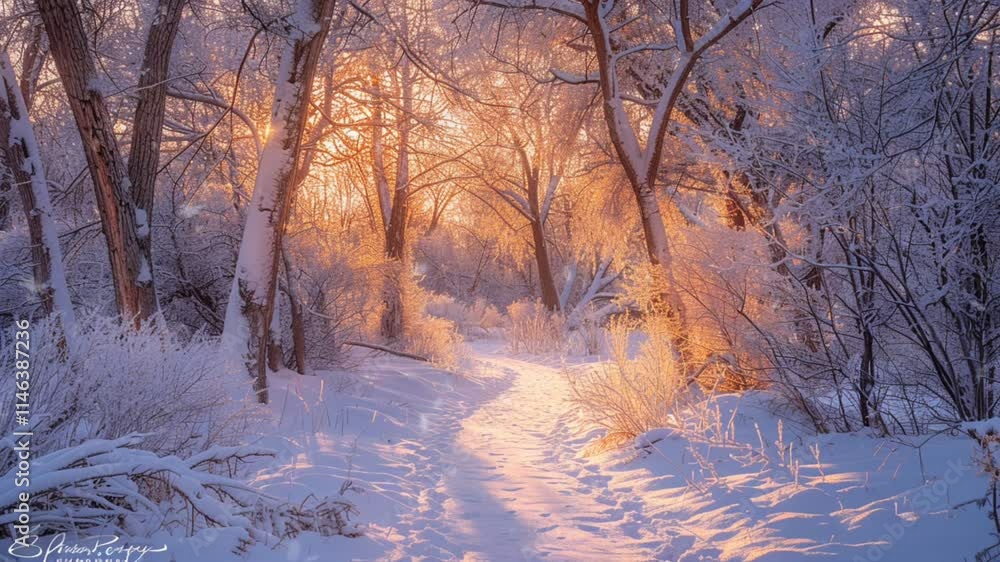 Sunlit snowy forest path glowing under golden winter light. Nature concept Seamless looping 4k time-lapse animation video background Sunlit snowy forest path glowing under golden winter light. Nature concept Seamless looping 4k time-lapse animation video background