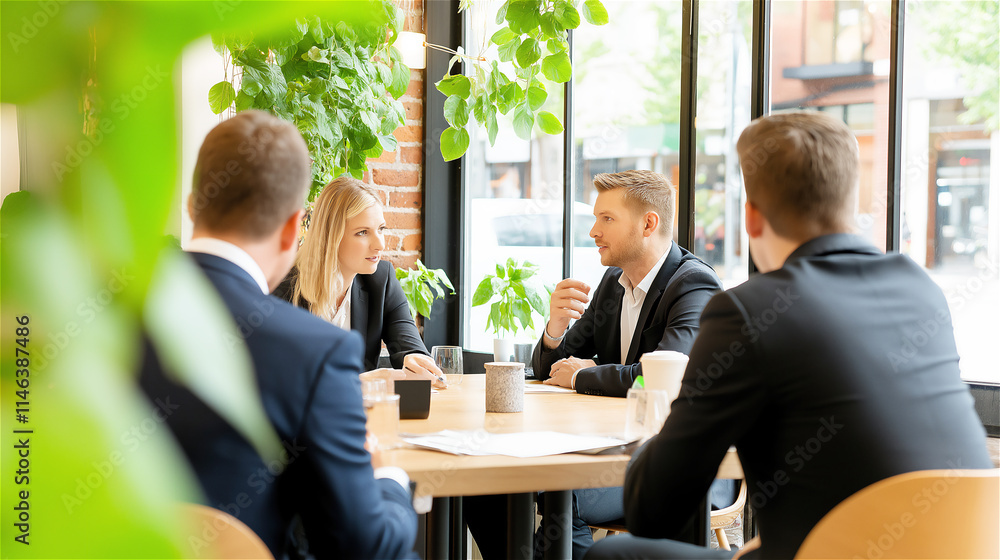 Group of professionals in a modern office having a discussion over coffee, symbolizing collaboration, teamwork, and business success. Group of professionals in a modern office having a discussion over coffee, symbolizing collaboration, teamwork, and business success.
