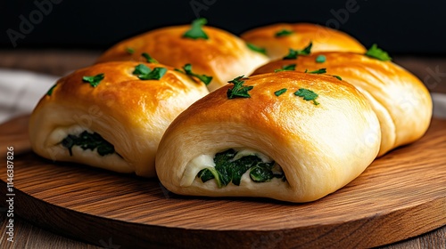 Soft Armenian boreg pastries filled with cheese, spinach, and herbs, ready to be torn apart. photo