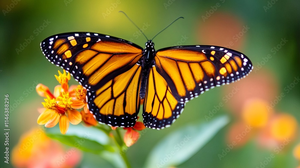 A monarch butterfly with vibrant orange and black wings rests gently on a cluster of bright orange flowers. The contrasting colors create a stunning natural scene. A monarch butterfly with vibrant orange and black wings rests gently on a cluster of bright orange flowers. The contrasting colors create a stunning natural scene.