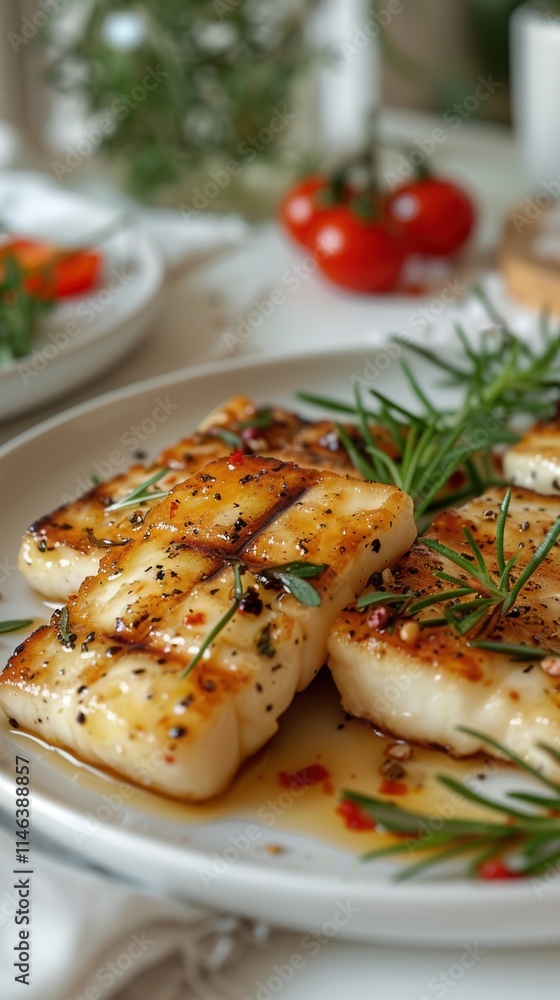 Grilled halloumi cheese with herbs served on a plate, garnished with fresh rosemary and accompanied by tomatoes in a cozy kitchen setting Grilled halloumi cheese with herbs served on a plate, garnished with fresh rosemary and accompanied by tomatoes in a cozy kitchen setting