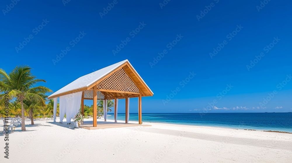 Fototapeta premium A ceremony arranged on a tropical beach, adorned with palm trees and white flowers, overlooking a white sand beach and turquoise ocean waters.