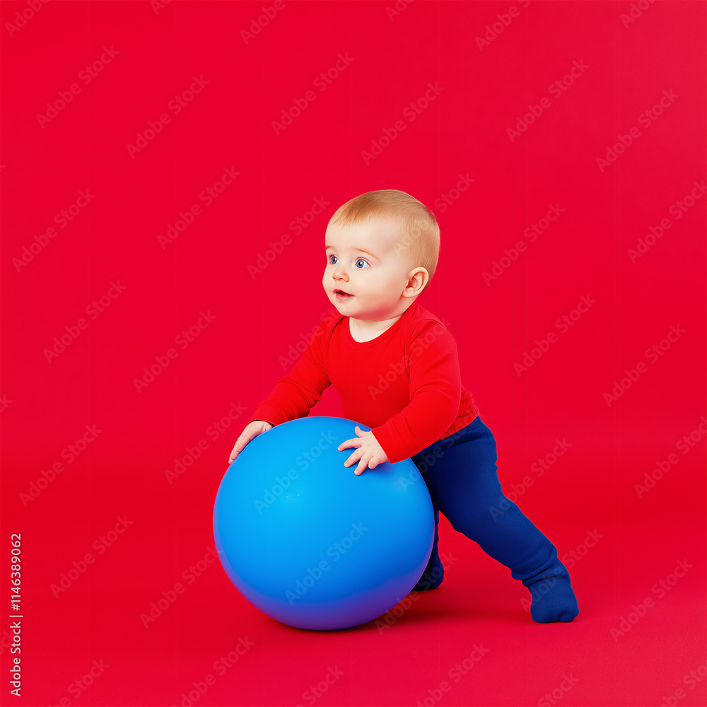 Happy baby playing with a large blue exercise ball against a vibrant red background. The joyful scene is colorful and ideal for concepts of childhood, energy, and growth. Happy baby playing with a large blue exercise ball against a vibrant red background. The joyful scene is colorful and ideal for concepts of childhood, energy, and growth.