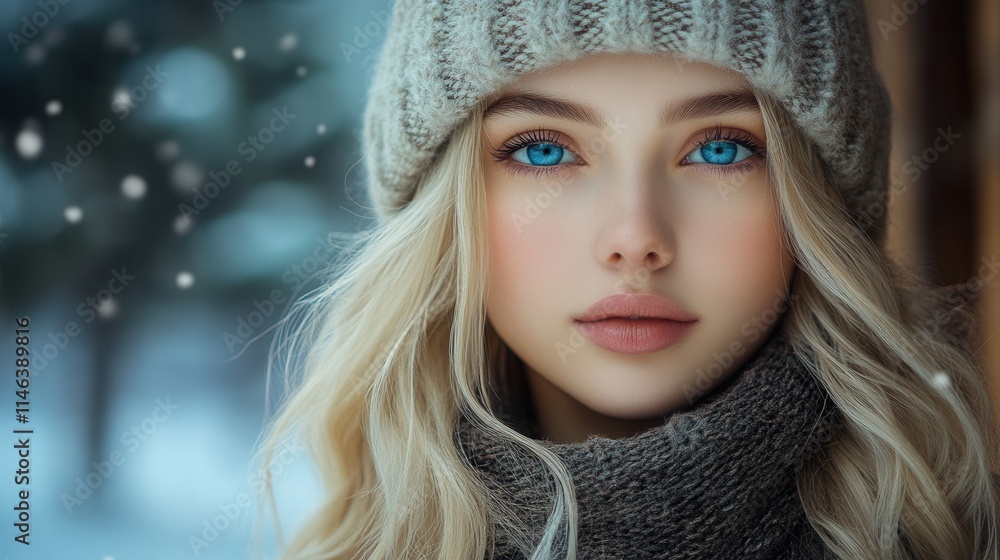 Portrait of a young woman with striking blue eyes wearing a cozy hat and scarf against a winter backdrop with falling snowflakes Portrait of a young woman with striking blue eyes wearing a cozy hat and scarf against a winter backdrop with falling snowflakes