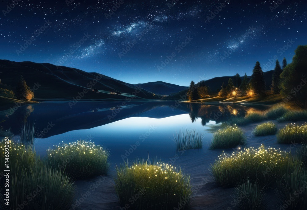Fototapeta premium stunning starry sky illuminating peaceful landscape twinkling stars quiet terrain night, breathtaking, sunset, twilight, nature, horizon, milky, way