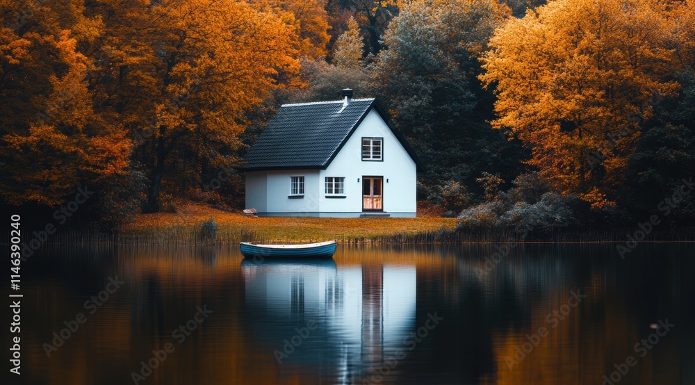 Fototapeta premium A white house with a black roof, standing on the shore of an autumn lake surrounded by trees in orange and yellow colors