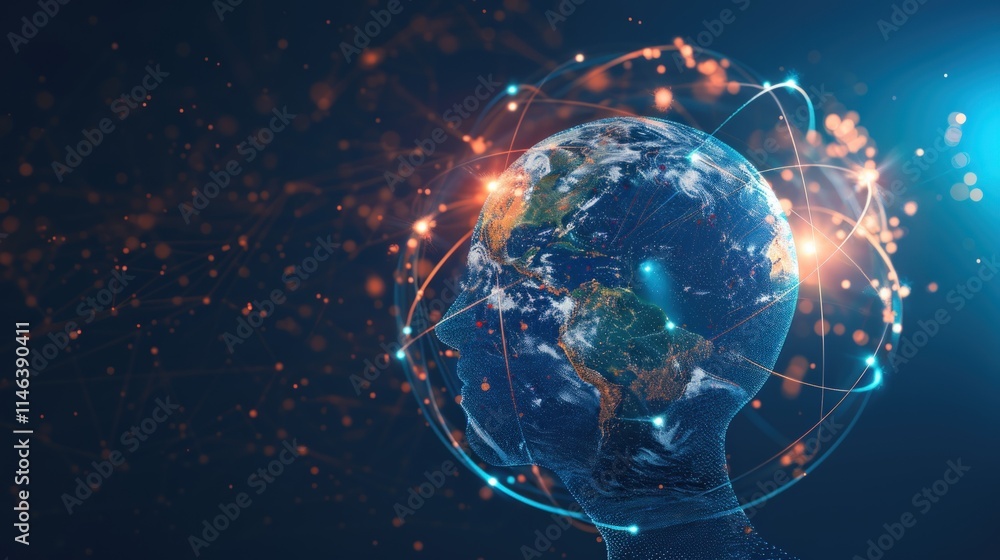 Global network connection, human head and earth. Global network connection, human head and earth.