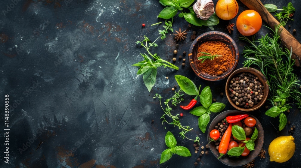 Fresh vegetables and herbs with spices on a dark surface Fresh vegetables and herbs with spices on a dark surface