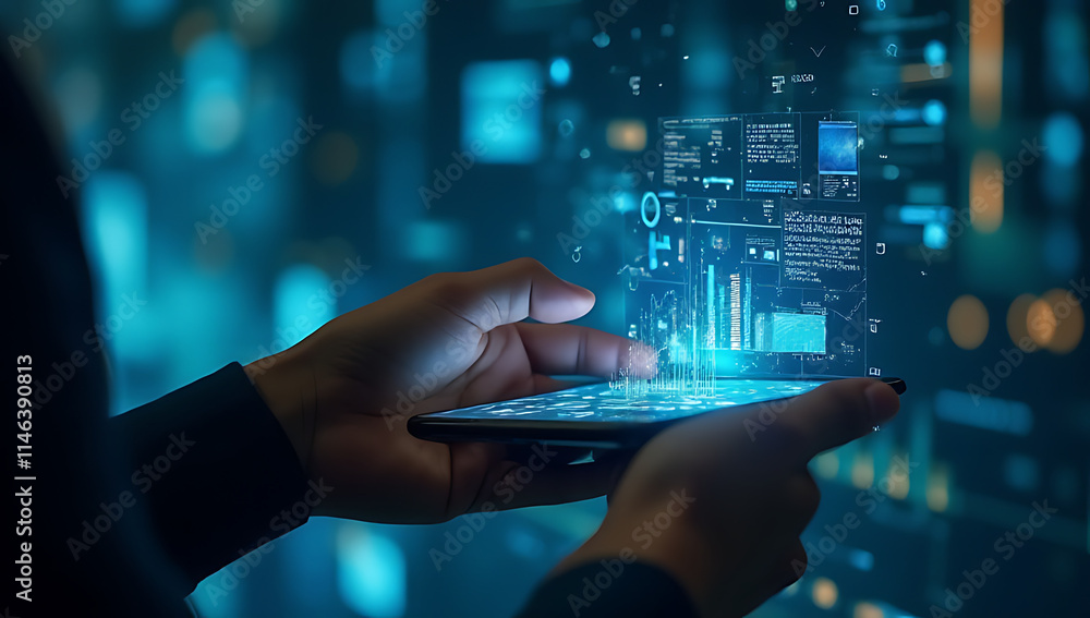 Data processing concepts are illustrated by a person holding a smartphone displaying an interface for data visualization and analysis._00002_ Data processing concepts are illustrated by a person holding a smartphone displaying an interface for data visualization and analysis._00002_