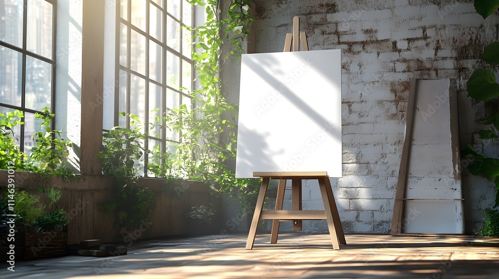 Blank canvas on an easel in a sunlit room ready for a creative new beginning Blank canvas on an easel in a sunlit room ready for a creative new beginning
