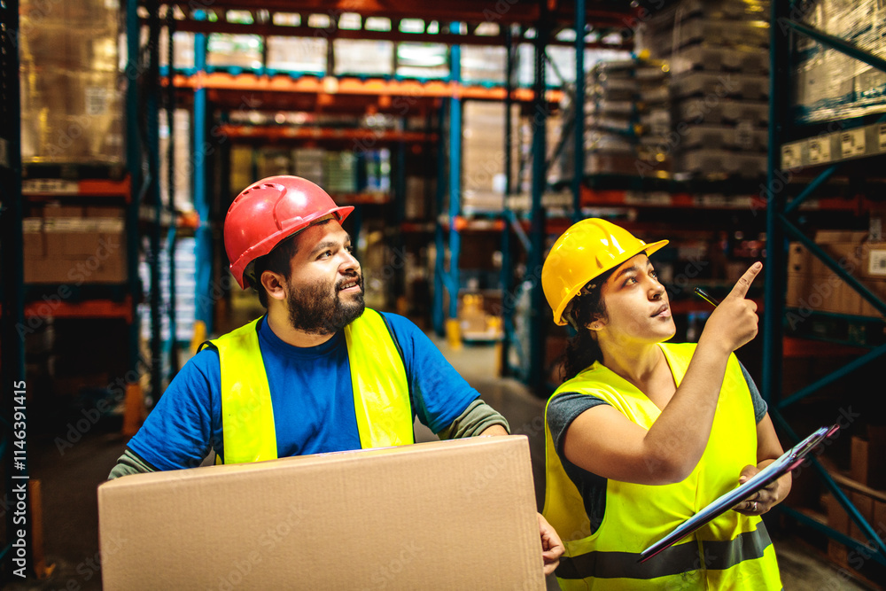 Female warehouse worker inspecting inventory with clipboard