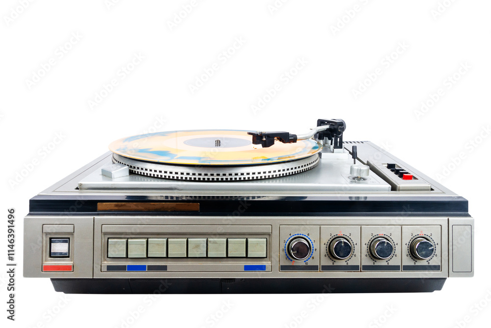 Obraz premium Vintage turntable record player with a vinyl isolated on white background.