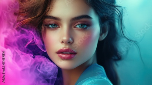 Young woman with striking blue eyes poses against a colorful backdrop of swirling pink and blue hues, showcasing soft makeup and flowing hair in an artistic display of beauty photo