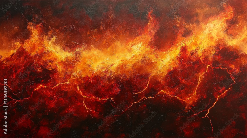 Abstract depiction of a raging wildfire, furious waves of searing crimson and aureate flames, jagged arcs of crackling electricity surging through the inferno, a visceral and raw display of unbridled Abstract depiction of a raging wildfire, furious waves of searing crimson and aureate flames, jagged arcs of crackling electricity surging through the inferno, a visceral and raw display of unbridled