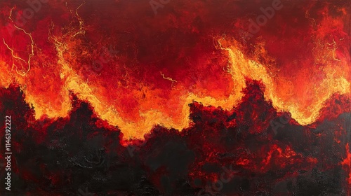 Abstract depiction of a raging wildfire, furious waves of searing crimson and aureate flames, jagged arcs of crackling electricity surging through the inferno, a visceral and raw display of unbridled