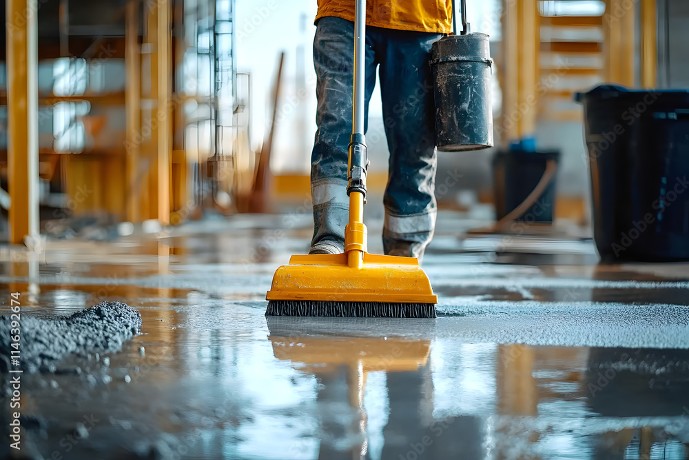 Worker Using Industrial Vacuum for Wet Concrete Cleanup in Construction Site Worker Using Industrial Vacuum for Wet Concrete Cleanup in Construction Site