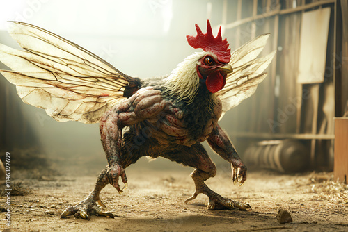 View of a Hybrid Creature That Combines the Features of a Bodybuilder Chicken and a Fly photo