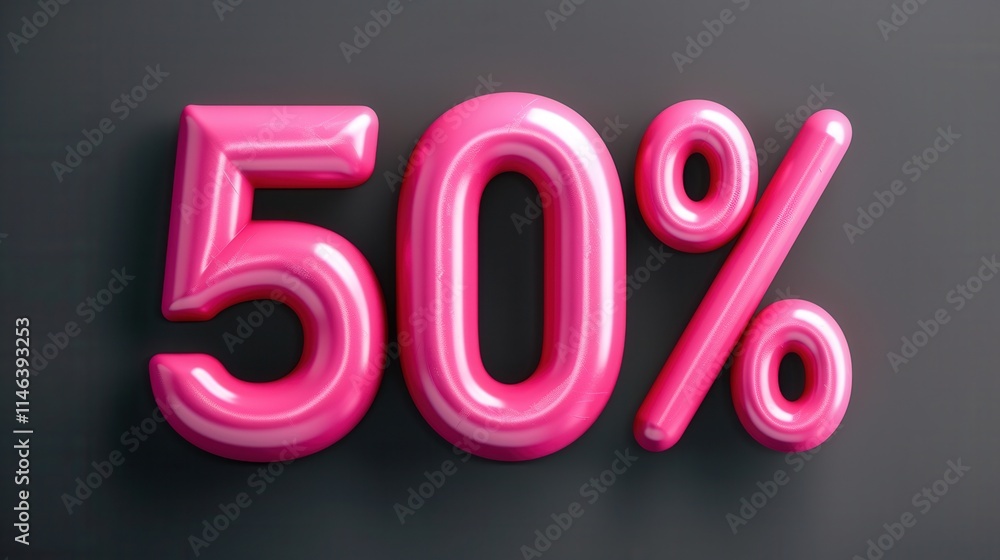 Bright pink 50 percent sign against a dark surface indicating a significant discount or sale event Bright pink 50 percent sign against a dark surface indicating a significant discount or sale event