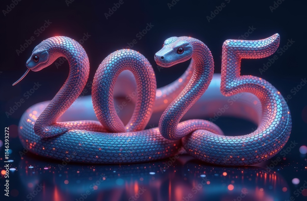 Numbers 2025 Purple Neon Snake, Fantastic Picture New Year Christmas Card Numbers 2025 Purple Neon Snake, Fantastic Picture New Year Christmas Card