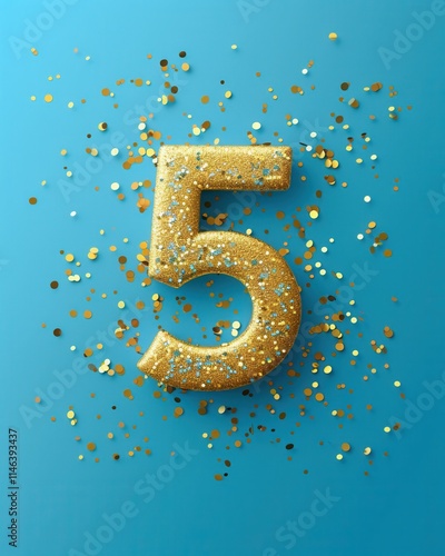 Bright golden number five surrounded by colorful confetti on a vibrant blue background for celebration and party themes