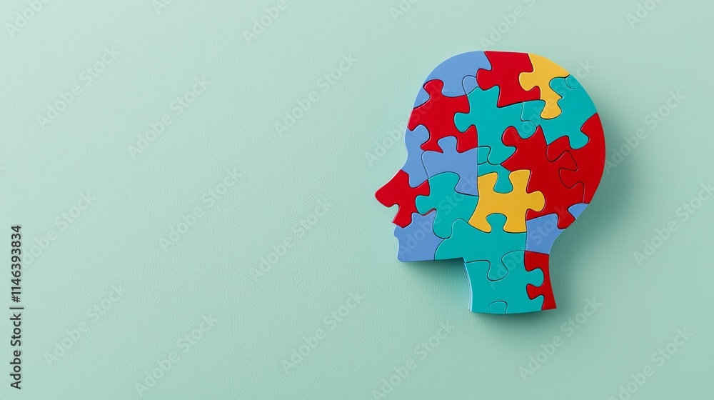 A human head broken into pieces, resembling a complex puzzle, illustrates the awareness of mental health and the intricate, multifaceted aspects of the mind and emotional health.