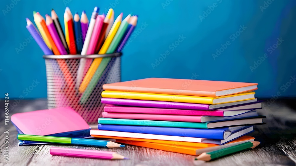 A stack of clean notebooks and pencils on a tidy desk symbolizing organization and fresh beginnings A stack of clean notebooks and pencils on a tidy desk symbolizing organization and fresh beginnings