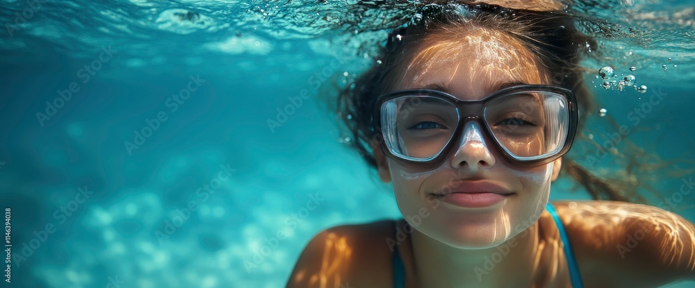 Fototapeta premium Underwater Serenity Young Woman in Snorkel Mask