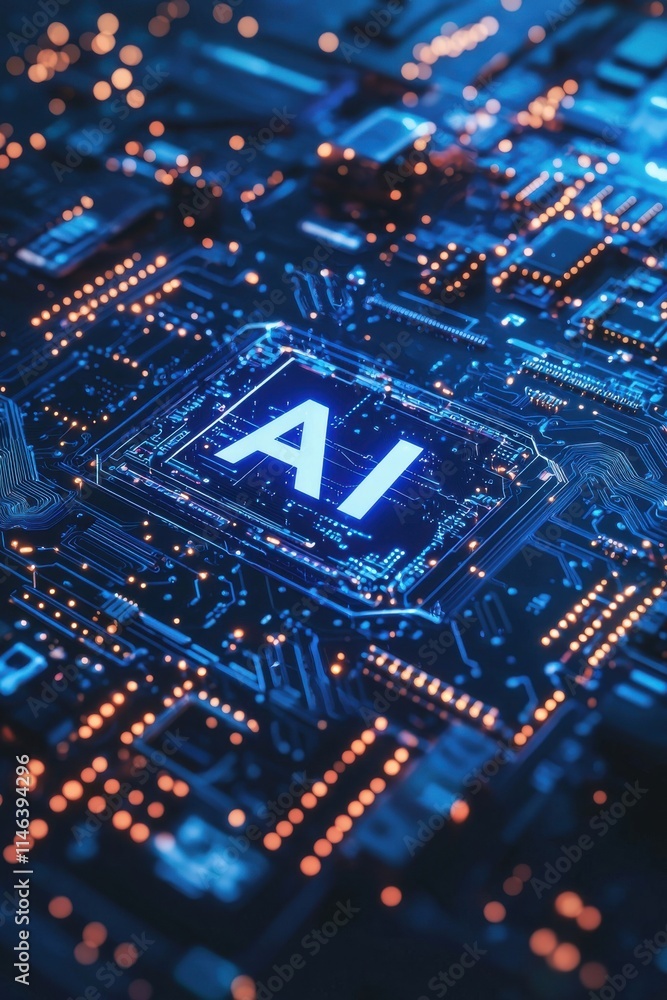 Artificial intelligence concept displayed on a futuristic blue circuit board Artificial intelligence concept displayed on a futuristic blue circuit board
