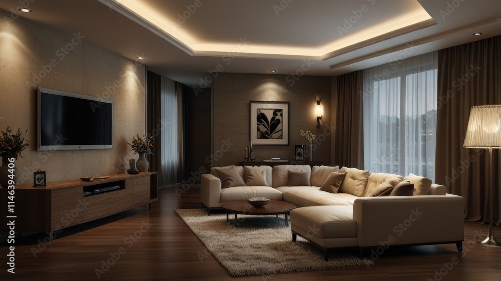 Cozy modern living room at night, featuring a sectional sofa, flat-screen TV, wooden furniture, and warm lighting. Cozy modern living room at night, featuring a sectional sofa, flat-screen TV, wooden furniture, and warm lighting.