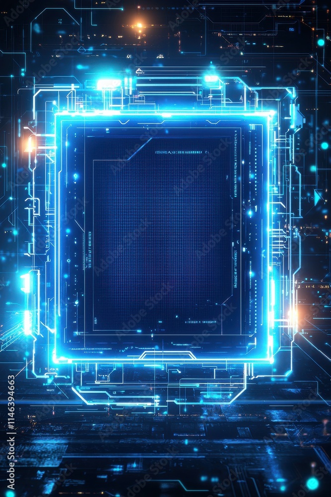 Futuristic glowing technological frame within a dynamic circuit board Futuristic glowing technological frame within a dynamic circuit board