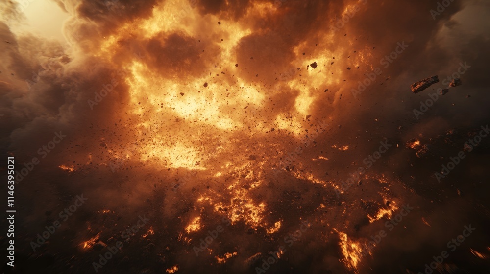 Obraz premium Highly detailed, photo-real render of a raging inferno. Thick, turbulent smoke obscuring the background, contrasted by intense, dancing flames. Embers and fiery debris floating through the air,