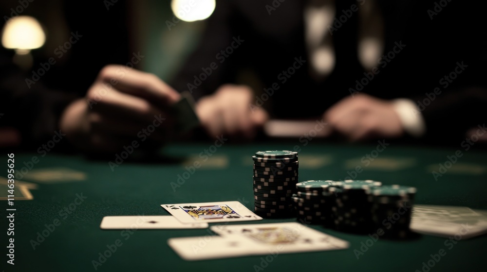 Close-up of poker game; cards, chips, and players' hands in focus. Close-up of poker game; cards, chips, and players' hands in focus.