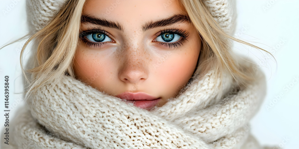 Woman's Stunning Blue Eyes & Knit Scarf, Winter Fashion Trends Woman's Stunning Blue Eyes & Knit Scarf, Winter Fashion Trends