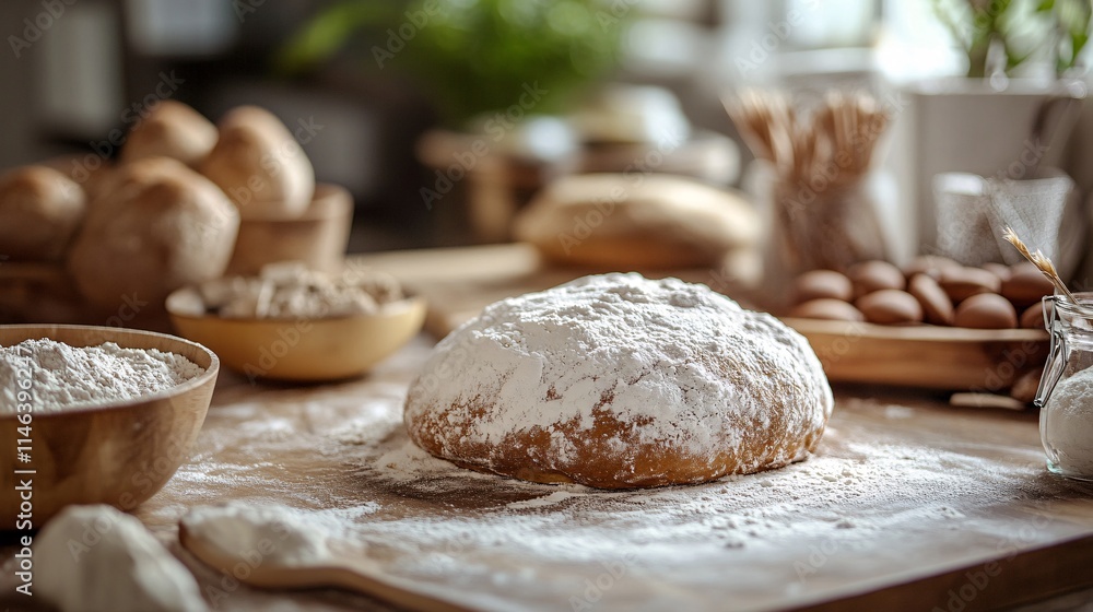 Fototapeta premium Baker preparing fresh dough for baking delicious bread