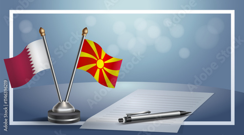 Qatar and Macedonia National flags on small table with bokeh background, cooperative relationship