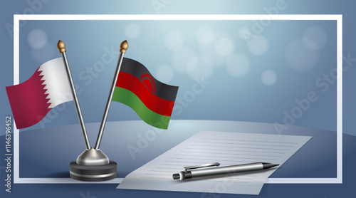 Qatar and Malawi National flags on small table with bokeh background, cooperative relationship