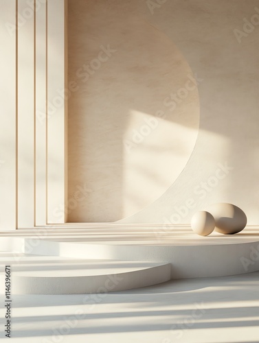 Minimalistic beige interior with white round podiums of different heights, two decorative eggs or spheres and sunlight. Modern background for product presentation. photo