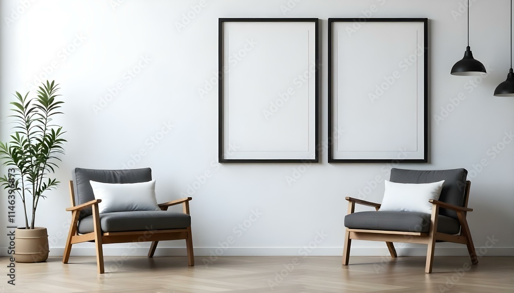 Two wooden armchairs with white cushions in a minimalist room with white walls and empty picture frames Two wooden armchairs with white cushions in a minimalist room with white walls and empty picture frames