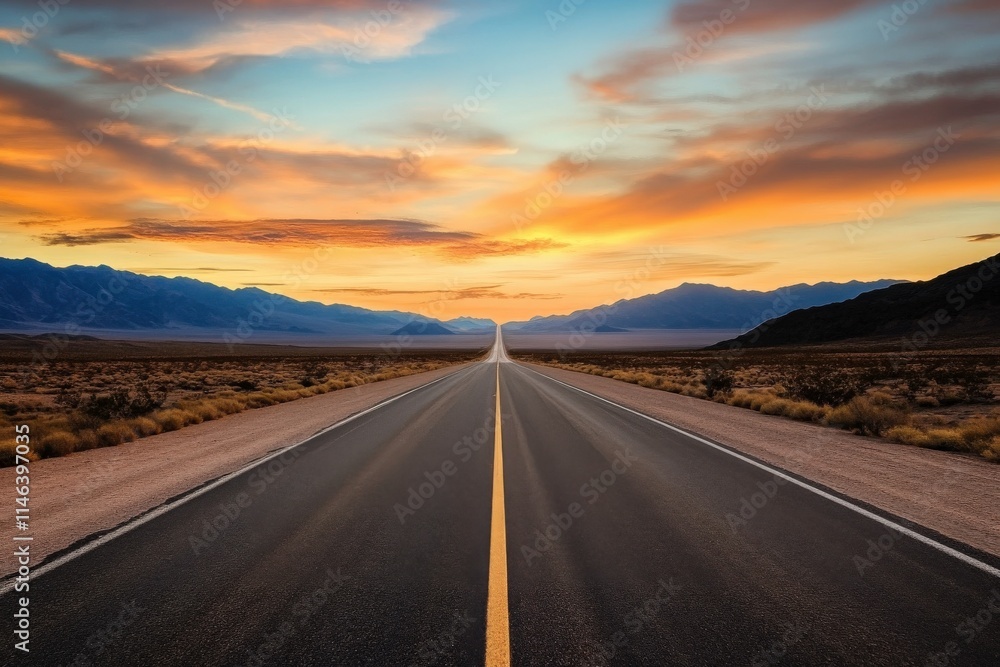 Scenic Open Road Leading Towards Majestic Mountains Under a Vibrant Sunset with Distant Clouds and a Clear Sky in a Desert Landscape Scenic Open Road Leading Towards Majestic Mountains Under a Vibrant Sunset with Distant Clouds and a Clear Sky in a Desert Landscape