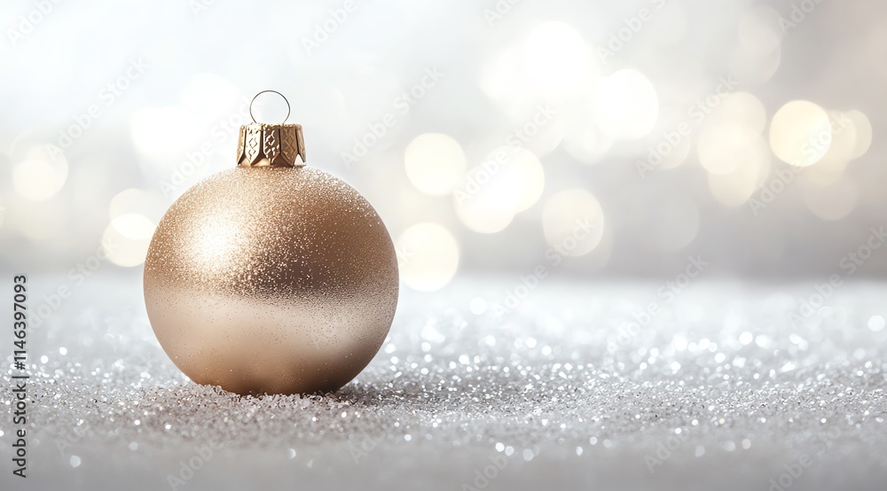single gold Christmas ornament on a snowy surface single gold Christmas ornament on a snowy surface