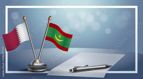 Qatar and Mauritania National flags on small table with bokeh background, cooperative relationship