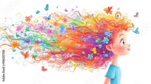 Whimsical Cartoon Girl with Vibrant Colorful Hair and Fantasy Elements – Children’s Illustration