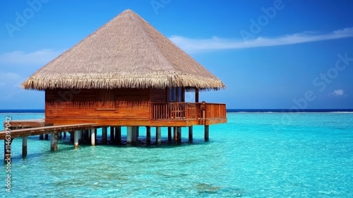 A stunning tropical beach with a bungalow over the clear blue water.