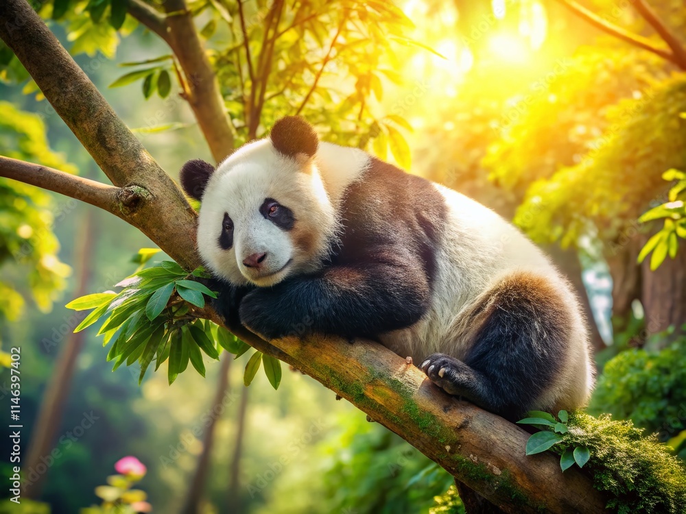 Obraz premium Adorable Giant Panda Sleeping in Spring Woods, Sichuan China - Cute Panda Bear Relaxing in Tree