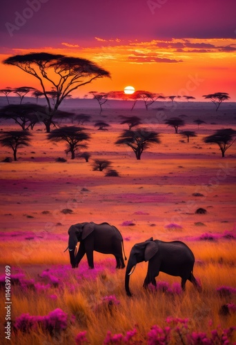 breathtaking savanna landscape captured during majestic showcasing vibrant skies scenic nature splendor, sunset, sky, clouds, light, colors, horizon photo