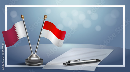 Qatar and Monaco National flags on small table with bokeh background, cooperative relationship